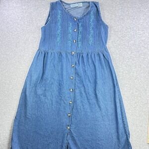 VTG 90s Phases Denim Maxi Dress Embroidered Floral Cottagecore Jumper Medium